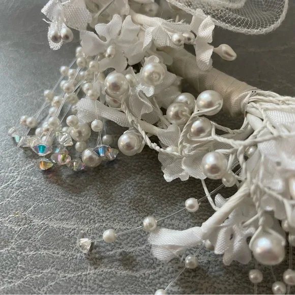 Vintage Bridal Veil Bright White Tulle Pearls and Crystal Elbow Length